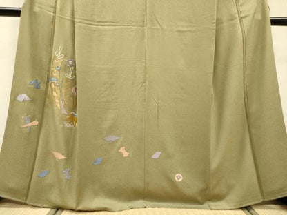 平和屋着物▼訪問着　総刺繍　宝尽くし短冊扇文　金糸　正絹　逸品　DABJ7440fe