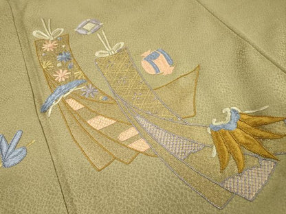 平和屋着物▼訪問着　総刺繍　宝尽くし短冊扇文　金糸　正絹　逸品　DABJ7440fe