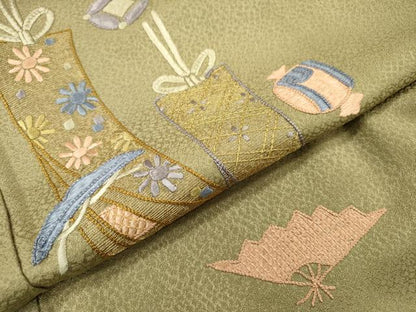 平和屋着物▼訪問着　総刺繍　宝尽くし短冊扇文　金糸　正絹　逸品　DABJ7440fe