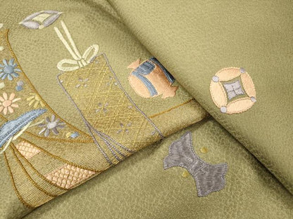 平和屋着物▼訪問着　総刺繍　宝尽くし短冊扇文　金糸　正絹　逸品　DABJ7440fe