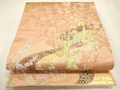平和屋本店▼六通柄袋帯　枝梅　純金　正絹　逸品　DABJ7481fe