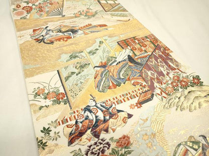 平和屋本店▼全通柄袋帯　宮廷重文姫人文　源氏洛中絵巻　本金箔二重織　正絹　逸品　DABJ7490fe