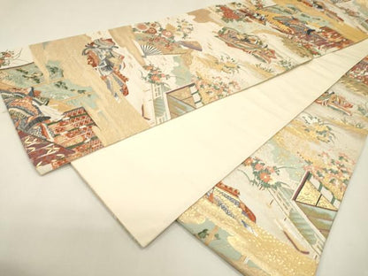 平和屋本店▼全通柄袋帯　宮廷重文姫人文　源氏洛中絵巻　本金箔二重織　正絹　逸品　DABJ7490fe