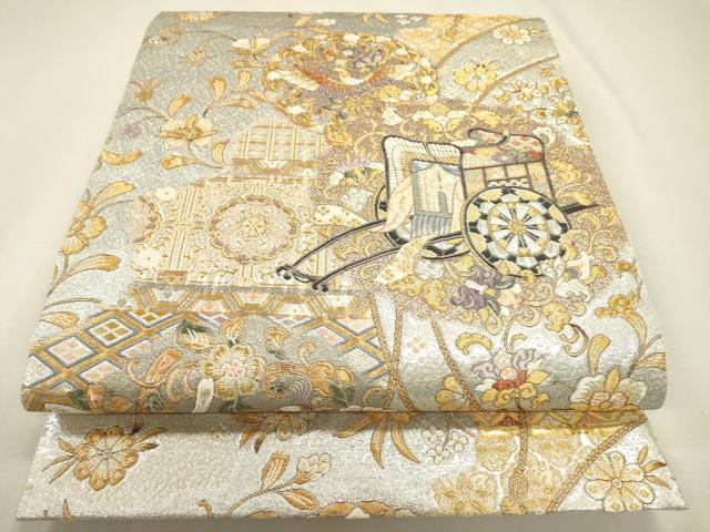 平和屋本店▼六通柄袋帯　道長御所車文　九百本金弐重織　正絹　逸品　DABJ7496fe