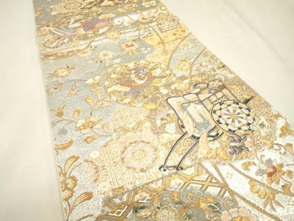 平和屋本店▼六通柄袋帯　道長御所車文　九百本金弐重織　正絹　逸品　DABJ7496fe