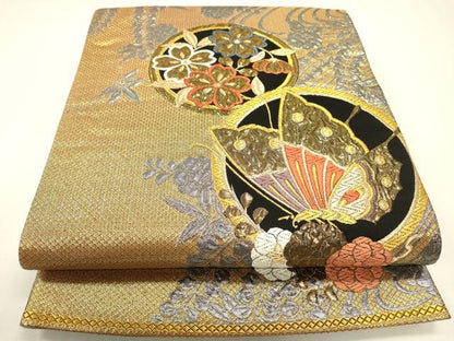平和屋本店▼六通柄袋帯　唐織　舞蝶花丸文　本金箔　正絹　逸品　DABJ7507fe
