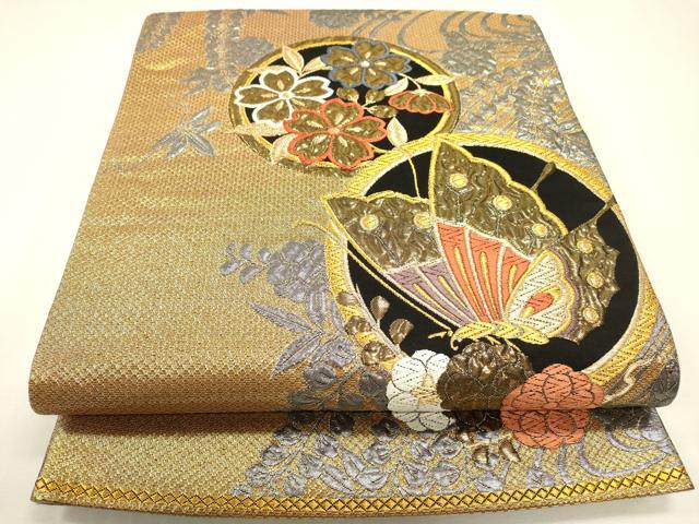 平和屋本店▼六通柄袋帯　唐織　舞蝶花丸文　本金箔　正絹　逸品　DABJ7507fe