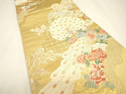 平和屋本店▼六通柄袋帯　唐織　孔雀花文　本金二重箔　正絹　逸品　DABJ7509fe