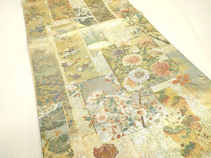 平和屋本店▼極上　両面　全通全景柄袋帯　近代花鳥画　日本美術名鑑　24金プラチナ　正絹　逸品　DABJ7512fe