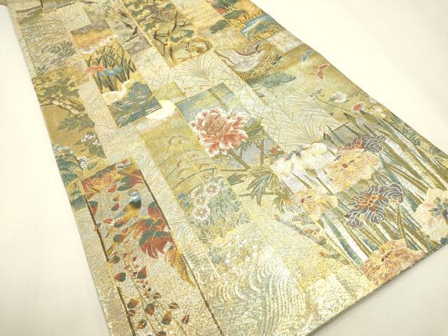 平和屋本店▼極上　両面　全通全景柄袋帯　近代花鳥画　日本美術名鑑　24金プラチナ　正絹　逸品　DABJ7512fe
