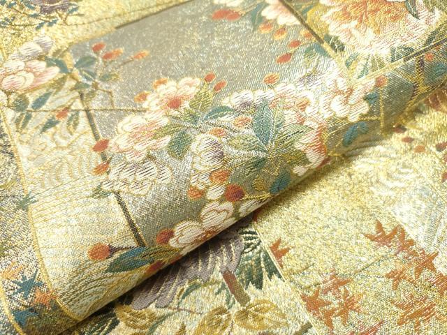 平和屋本店▼極上　両面　全通全景柄袋帯　近代花鳥画　日本美術名鑑　24金プラチナ　正絹　逸品　DABJ7512fe