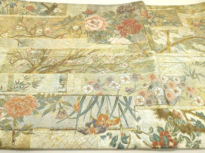 平和屋本店▼極上　両面　全通全景柄袋帯　近代花鳥画　日本美術名鑑　24金プラチナ　正絹　逸品　DABJ7512fe