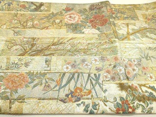 平和屋本店▼極上　両面　全通全景柄袋帯　近代花鳥画　日本美術名鑑　24金プラチナ　正絹　逸品　DABJ7512fe