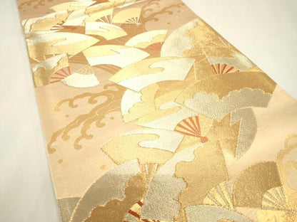 平和屋本店▼六通柄袋帯　扇面地紙文　本金箔二重織　正絹　逸品　DABJ7513fe