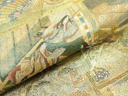 平和屋着物▼極上　西陣あさぎ　丸帯　徳川美術館秘蔵　本金プラチナ二重箔　正絹　逸品　DABJ7532fe
