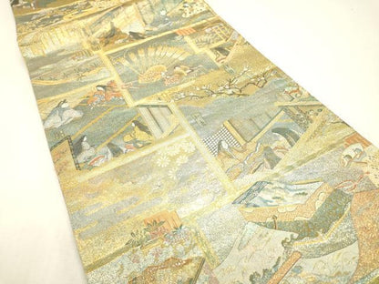 平和屋着物▼極上　西陣あさぎ　丸帯　徳川美術館秘蔵　本金プラチナ二重箔　正絹　逸品　DABJ7532fe