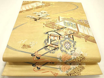 平和屋着物▼六通柄袋帯　御殿御所車　漆金九百錦　正絹　逸品　DABJ7533fe