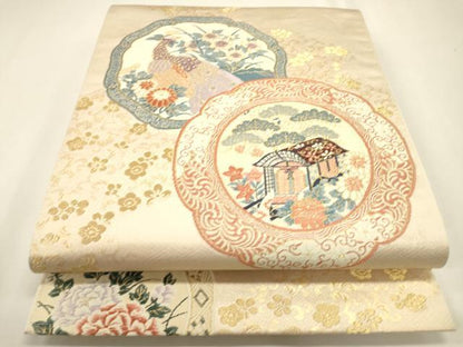 平和屋着物▼六通柄袋帯　光輝雅錦　花鳥絵皿文　金箔　正絹　逸品　DABJ7534fe