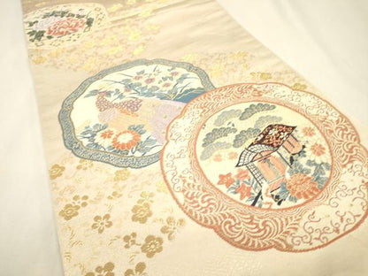 平和屋着物▼六通柄袋帯　光輝雅錦　花鳥絵皿文　金箔　正絹　逸品　DABJ7534fe