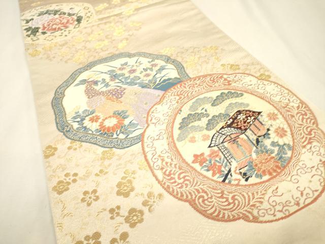平和屋着物▼六通柄袋帯　光輝雅錦　花鳥絵皿文　金箔　正絹　逸品　DABJ7534fe