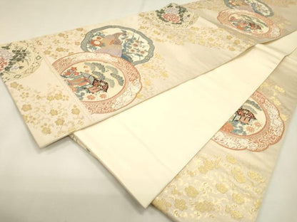 平和屋着物▼六通柄袋帯　光輝雅錦　花鳥絵皿文　金箔　正絹　逸品　DABJ7534fe