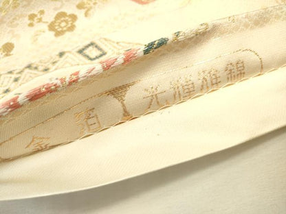 平和屋着物▼六通柄袋帯　光輝雅錦　花鳥絵皿文　金箔　正絹　逸品　DABJ7534fe
