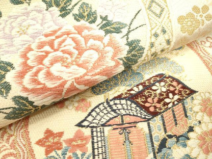 平和屋着物▼六通柄袋帯　光輝雅錦　花鳥絵皿文　金箔　正絹　逸品　DABJ7534fe