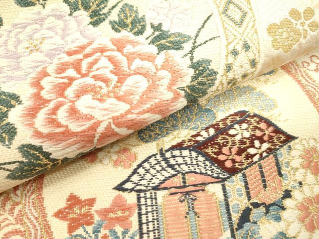平和屋着物▼六通柄袋帯　光輝雅錦　花鳥絵皿文　金箔　正絹　逸品　DABJ7534fe