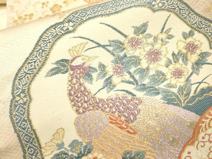 平和屋着物▼六通柄袋帯　光輝雅錦　花鳥絵皿文　金箔　正絹　逸品　DABJ7534fe