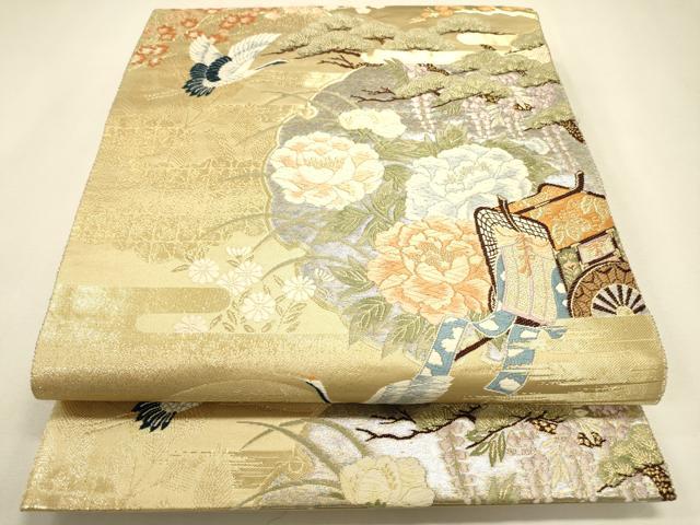 平和屋本店▼六通柄袋帯　唐織　飛鶴御所車花文　本金箔　正絹　逸品　DABJ7548fe