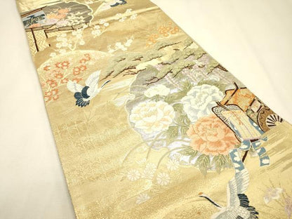 平和屋本店▼六通柄袋帯　唐織　飛鶴御所車花文　本金箔　正絹　逸品　DABJ7548fe