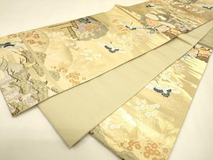 平和屋本店▼六通柄袋帯　唐織　飛鶴御所車花文　本金箔　正絹　逸品　DABJ7548fe