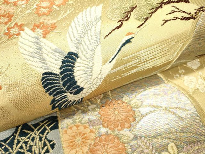 平和屋本店▼六通柄袋帯　唐織　飛鶴御所車花文　本金箔　正絹　逸品　DABJ7548fe