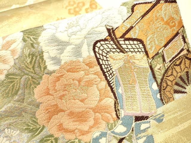平和屋本店▼六通柄袋帯　唐織　飛鶴御所車花文　本金箔　正絹　逸品　DABJ7548fe