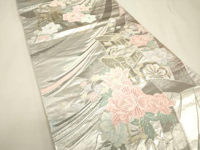 平和屋本店▼両面　六通柄袋帯　唐織　御所車花文　純金プラチナ箔　正絹　逸品　DABJ7551fe