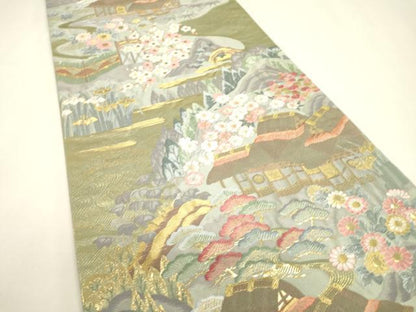 平和屋本店▼「美しいキモノ」お馴染みのメーカー　となみ織物　六通柄袋帯　唐織　風景花文　純金箔　正絹　逸品　DABJ7555fe