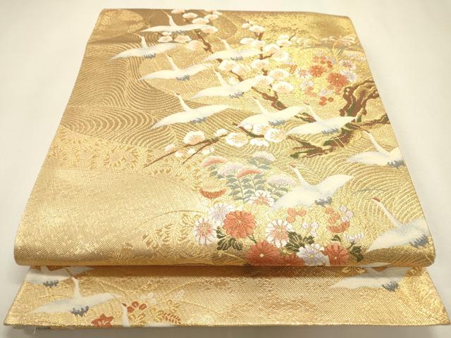 平和屋本店▼六通柄袋帯　唐織　流水群鶴梅文　本金二重箔　正絹　逸品　DABJ7558fe