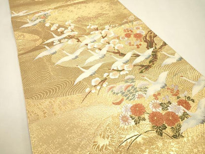 平和屋本店▼六通柄袋帯　唐織　流水群鶴梅文　本金二重箔　正絹　逸品　DABJ7558fe