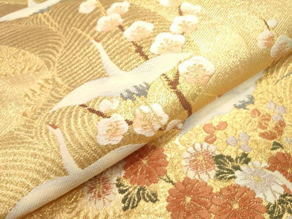 平和屋本店▼六通柄袋帯　唐織　流水群鶴梅文　本金二重箔　正絹　逸品　DABJ7558fe