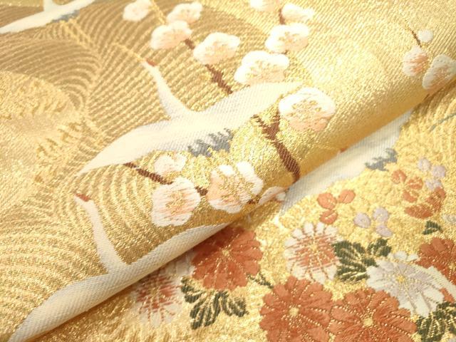 平和屋本店▼六通柄袋帯　唐織　流水群鶴梅文　本金二重箔　正絹　逸品　DABJ7558fe