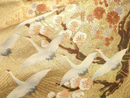 平和屋本店▼六通柄袋帯　唐織　流水群鶴梅文　本金二重箔　正絹　逸品　DABJ7558fe