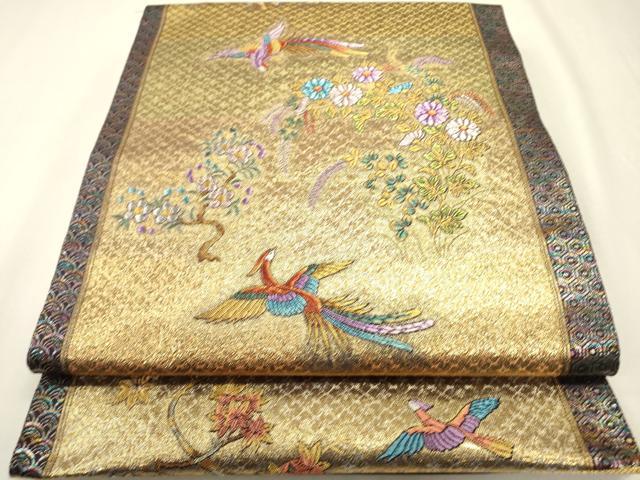 平和屋着物▼西陣　長嶋成織物　ながしま帯　六通柄袋帯　彩華花鳥文　金糸　証紙付き　正絹　逸品　未使用　DABJ7578fe