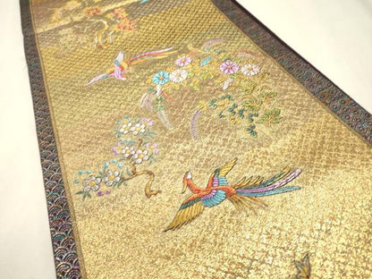 平和屋着物▼西陣　長嶋成織物　ながしま帯　六通柄袋帯　彩華花鳥文　金糸　証紙付き　正絹　逸品　未使用　DABJ7578fe