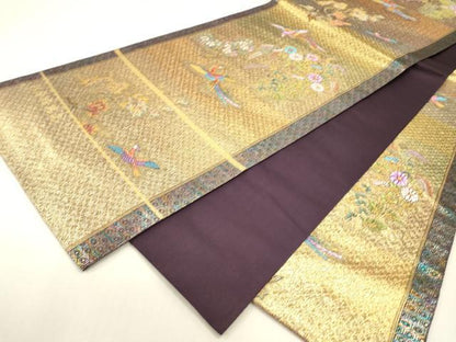 平和屋着物▼西陣　長嶋成織物　ながしま帯　六通柄袋帯　彩華花鳥文　金糸　証紙付き　正絹　逸品　未使用　DABJ7578fe