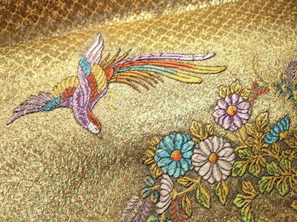 平和屋着物▼西陣　長嶋成織物　ながしま帯　六通柄袋帯　彩華花鳥文　金糸　証紙付き　正絹　逸品　未使用　DABJ7578fe