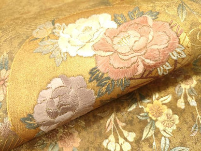 平和屋着物▼太鼓柄袋帯　京刺繍　駒刺繍　舞蝶花丸文　金銀彩　引箔　正絹　逸品　未使用　DABJ7582fe