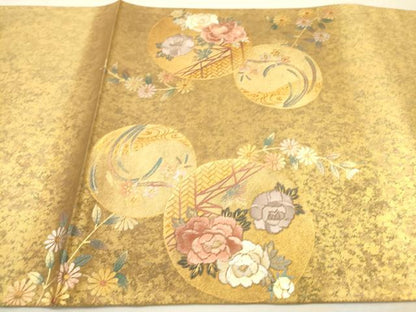平和屋着物▼太鼓柄袋帯　京刺繍　駒刺繍　舞蝶花丸文　金銀彩　引箔　正絹　逸品　未使用　DABJ7582fe
