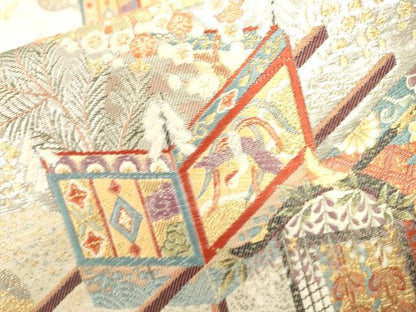 平和屋着物▼西陣　織華佐竹謹　六通柄袋帯　唐織　平安祭礼献上文　金銀糸　証紙付き　正絹　逸品　未使用　DABJ7583fe