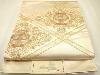 平和屋着物▼西陣　太鼓柄袋帯　駒刺繍　総刺繍　天井鳳凰花唐草文　金糸　正絹　逸品　未使用　DABJ7585fe