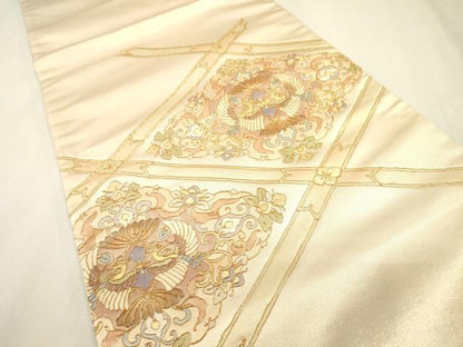 平和屋着物▼西陣　太鼓柄袋帯　駒刺繍　総刺繍　天井鳳凰花唐草文　金糸　正絹　逸品　未使用　DABJ7585fe